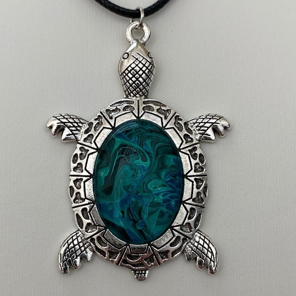 Hand Crafted Jewelry - 486 Svetlana Yeung original handmade blue green fluid art pendant cord necklace